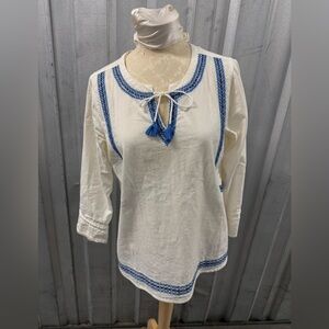 Hatley Cream Tunic Top with Blue Embroidered Trim